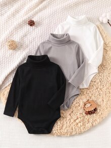 SHEIN 3件組新生兒男嬰/女嬰幼兒加厚保暖純色高領長袖冬季連身衣，黑白配色，秋季，基礎款，套裝，休閒 - 彩色 - 查看 6