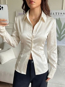 SHEIN EZwear 女款純色休閒性感百搭日常穿著襯衫，適合晚餐、辦公室，奶油色，秋季 - 白色 - 查看 2