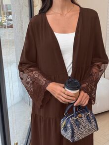 Yasmyna Women's Black V-Neck Lace Embroidered Patchwork Cardigan Long Robe, Layered Patchwork Flared Long Robe For Spring/Autumn Daily Commute And Dating - Coffee Brown - View 9