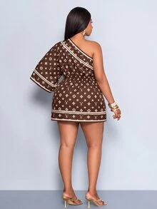 SOLERSUN Plus Size Fashion Commuter All-Over Print Asymmetrical Collar Dress Fall - Brown - View 4