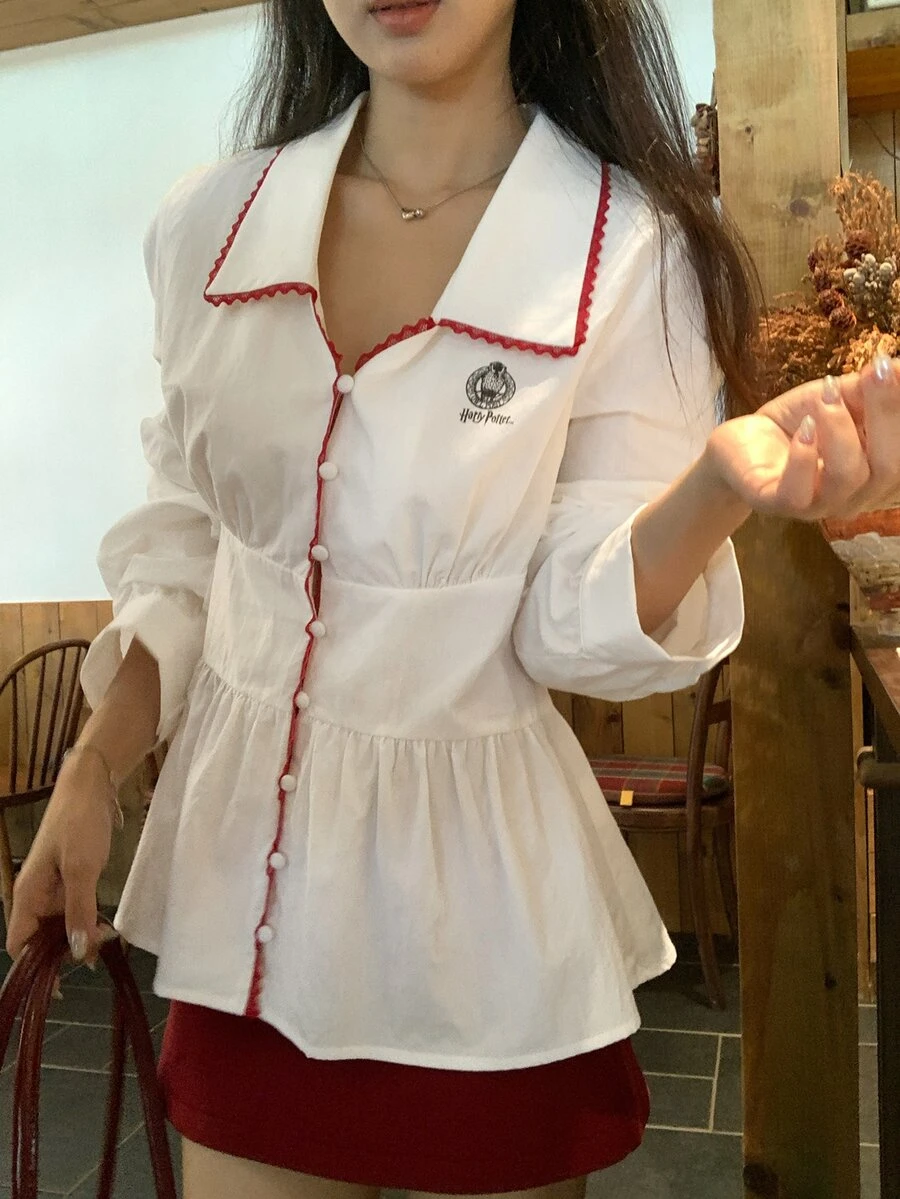 DAZY Women's Colorblock Pleated Casual Versatile Daily Wear Shirt Fall Vacation - White - View 1