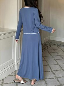 DAZY 2pcs/Set Women's Lace Patchwork Solid Color Long Sleeve Cardigan & Sleeveless Spaghetti Strap Long Dress Pajama Set Fall - Blue - View 2