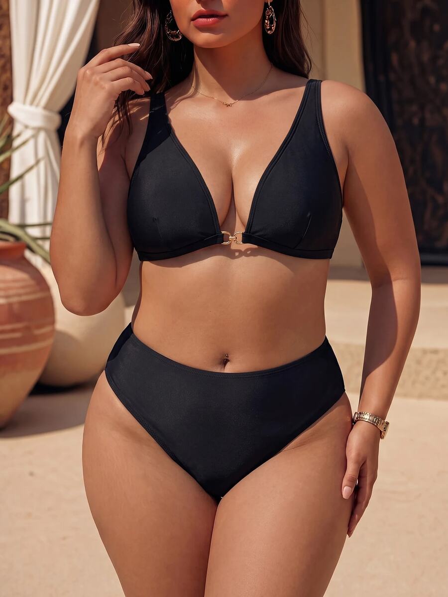 Oceva Plus Size Women One-Piece Solid Color Sexy Swimwear Top - Black - View 1