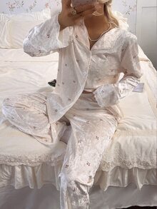 CottageSlumber Women's Cherry Print Gold Rhinestone Velvet Contrast Lace Pajama Set - Apricot - View 6