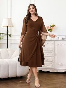 Reflora Vestido de fiesta casual con escote en V y decoración de strass para mujer talla grande - Marrón - Ver 10