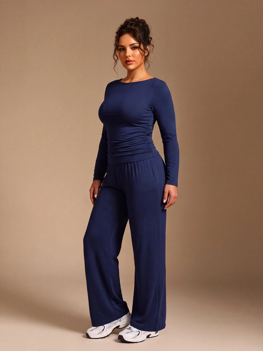 EMERY ROSE Plus Size Women Solid Color Pleated Long Sleeve Top And Pants Casual Daily 2 Pieces Set - Navy Blue - View 1