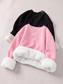 SHEIN 女嬰秋冬可愛保暖內裡純色百搭長袖運動衫 - 粉色 - 查看 10