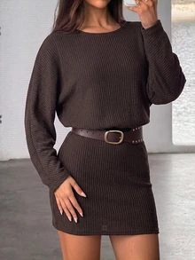 Lavishia 女款優雅寬肩收腰咖啡色短洋裝 - 摩卡棕 - 查看 5