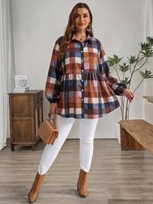 EMERY ROSE Plus Size Women's Plaid Pleated Casual Versatile Daily Wear Shirt Fall - Multicolor - View 6