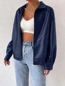 SHEIN EZwear 秋冬款落肩拉鍊PU短版皮夾克 - 藏蓝色 - 查看 6