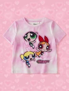 THE POWERPUFF GIRLS X SHEIN 少女卡通印花短袖T恤 - 粉色 - 查看 1