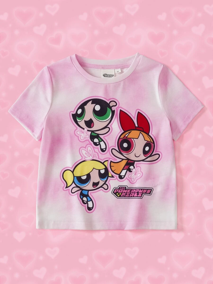 THE POWERPUFF GIRLS X SHEIN 少女卡通印花短袖T恤 - 粉色 - 查看 1
