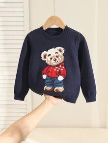 SHEIN Young Boy Casual Minimalist Fashion Warm Comfortable Classic Collegiate, Bear Pattern, Cute Style, Sweater Suitable For Autumn/Winter - Navy Blue - View 5
