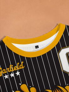 GARFIELD | SHEIN Plus Size Striped Cartoon Graphic Print Short Sleeve T-Shirt - White - View 3