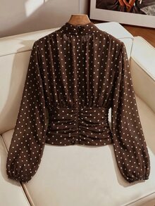 SHEIN Clasi 女款波點百褶休閒百搭日常穿著上衣 波點上衣 棕色上衣 - 棕色 - 查看 2