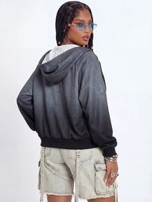 Gowayae Gowayae Sweatshirt Lengan Panjang Berkerudung Wanita Motif Gradien Abu-abu dengan Patchwork Renda - Hitam - View 4