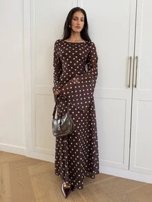 Aloruh 女款圓領波點圖案喇叭袖優雅洋裝 - 摩卡棕 - 查看 3