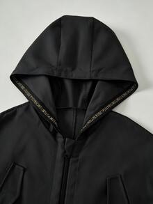 Tween女孩粉色收腰連帽字母裝飾運動休閒可調腰口袋夾克，秋季服飾，秋季，返校，學校，校服 - 黑色 - 查看 5