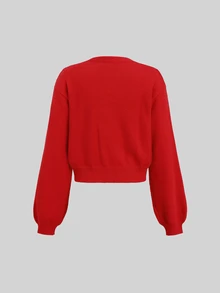 Sweetra Cardigan Rajut Wanita Lengan Panjang Kancing Tunggal dengan Kantong - Merah - View 2