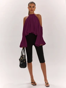 SHEIN BAE 女款純色露肩休閒百搭日常穿著襯衫 - 中紫紅色 - 查看 5