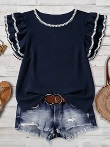 Mellowie Plus Size Women's Round Neck Contrast Color Casual Versatile Daily Wear Shirt - Navy Blue - View 2