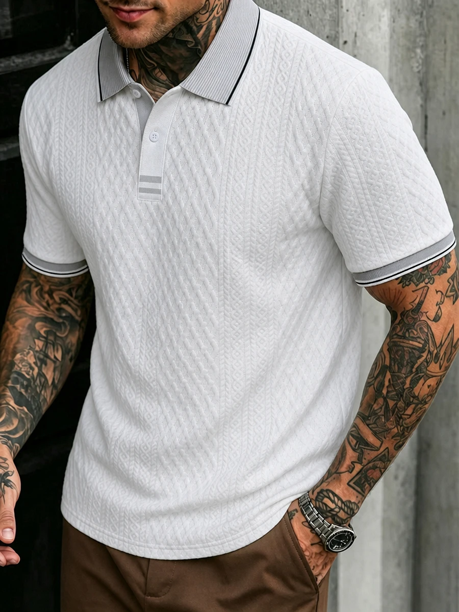 Manfinity Homme 男士針織提花純色紋理領口與袖口羅紋條紋兩鈕扣白色 Polo 衫 - 白色 - 查看 1