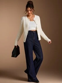 SHEIN BASICS Women's Solid Color Cable Knit Long Sleeve Button Up Casual French Basic Off-White Cardigan Work Office Brunch Outfits Autumn Back To School - White - View 7