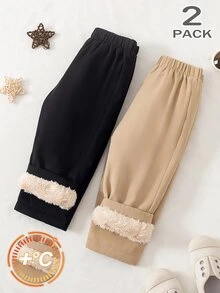Baby Boys Minimalist Solid Color Thin Fleece Lined Casual Long Pants, Unisex Loose Straight Leg Pants With Soft Fleece Lining, Comfortable Basic Style - Multicolor - View 1