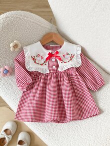 SHEIN Playful Pals 女嬰春/秋季新款可愛長袖公主洋裝，嬰兒幼兒時尚森系風格 - 紅色 - 查看 4