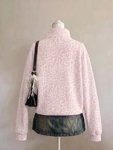 SHEIN EZwear 經典粉色豹紋半拉鍊女款運動衫，棕色調，秋季休閒街頭風，適合多種場合，Y2K復古風格，返校季秋冬上衣 - 彩色 - 查看 2