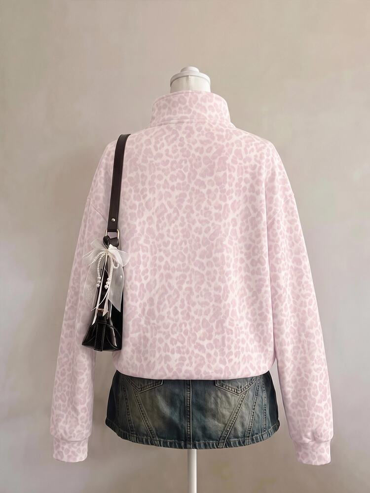 SHEIN EZwear Sweatshirt Wanita Klasik Motif Leopard Pink dengan Resleting Setengah, Nuansa Cokelat, Streetwear Kasual Musim Gugur, Cocok untuk Berbagai Acara, Gaya Vintage Y2K, Atasan untuk Musim Kembali ke Sekolah Musim Gugur/Dingin - MultiWarna - View 2