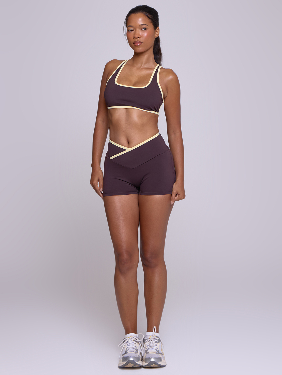 Brown Scoop Neck Contrast Edge Cropped Sports Coord Bra