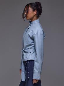 MUSERA Chaqueta de cuero PU con cuello de embudo, mangas de barril y cintura con lazo, para invierno y otoño, casual de uso diario y para salir, estilo cool Weekdaze - Crema - Ver 3