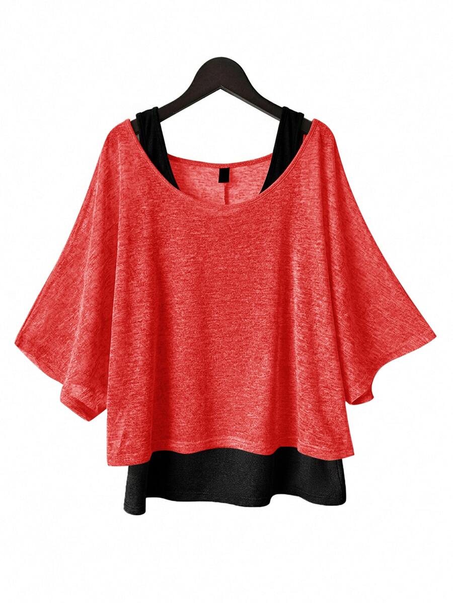SHEIN Essnce 大尺碼女款純色內層與上衣休閒日常兩件套 - 紅色 - 查看 1