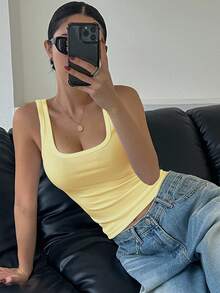 DAZY 女款素色百褶修身百搭休閒日常上衣 - 黃色 - 查看 8