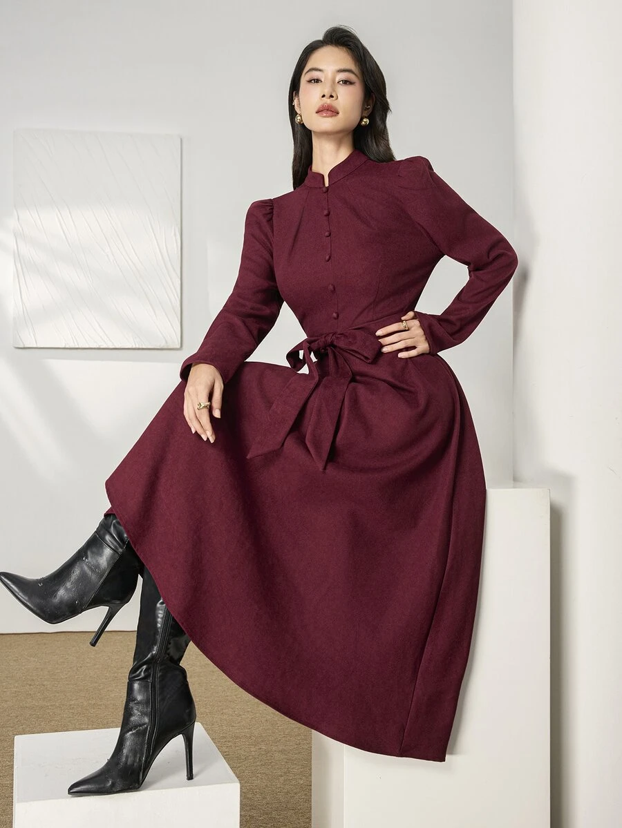 Heiryn Women's Solid Color Waist Tie Casual Party Mid-Length Dress - Burgundy - View 1