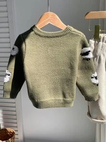 SHEIN 中性嬰兒男/女童、幼兒秋冬休閒可愛3D羊圖案圓領針織毛衣，嬰兒毛衣，萬聖節，聖誕節 - 軍綠色 - 查看 2