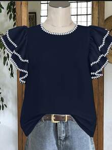Mellowie Plus Size Women's Round Neck Contrast Color Casual Versatile Daily Wear Shirt - Navy Blue - View 4