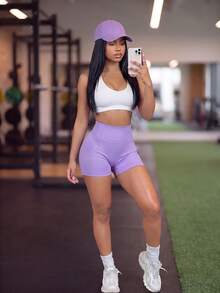 SHEIN Core Rhythm 女款無縫高腰收腹修身運動短褲，3/4 長度，適合健身、瑜伽、跑步 - 淡紫色 - 查看 4
