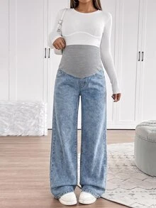 SHEIN 孕婦拼接色休閒日常穿著牛仔寬腿褲 - 藍色 - 查看 4