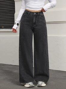 SHEIN PETITE Women's Casual Versatile Daily Travel Denim Jeans With Pockets And Buttons - Dark Grey - View 1
