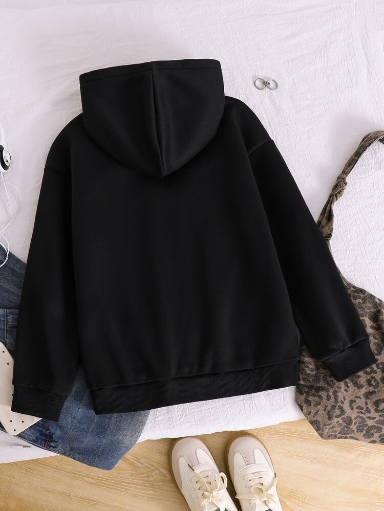 Casuvi Kids Tween Girl Girls' Autumn/Winter Fleece-Lined Hooded Sweatshirt, Black Pullover Top With Leopard Print Lining, Hood With Leopard Bow, Loose Fit, Comfortable Skin-Friendly Long Sleeve Sweatshirt For Daily Casual Wear, Sports, Student, Versatile Children's Sweatshirt New Style - Black - View 2