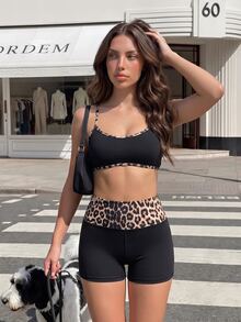 SHEIN Dewbera 女款 2 件組豹紋運動背心與短褲套裝健身服 - 黑色 - 查看 10