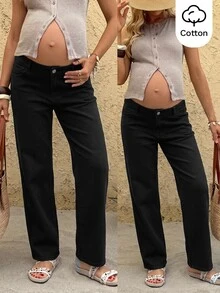 SHEIN 孕婦黑色口袋寬腿寬鬆休閒牛仔褲 - 黑色 - 查看 4