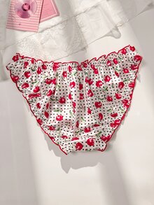 PetitDoll Red Satin Kawaii Cute Coquette Babydoll Lolita Frill Trim All-Over Cherry Print Romantic Plus Size Panties - Red - View 2