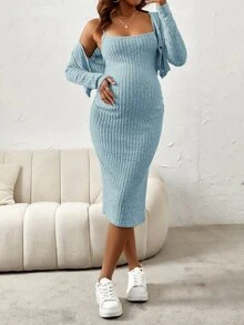 SHEIN 孕婦純色開衩設計細肩帶洋裝與長袖開襟衫休閒兩件套 - 淺藍色 - 查看 5