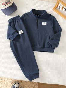SHEIN 2件組 男童休閒舒適百搭立領半拉鍊套頭運動衫，織紋布料，搭配寬鬆版型長褲，適合秋冬穿著 - 藍色 - 查看 4