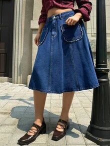 Rivivi 大尺碼女款鈕扣休閒日常牛仔迷你裙 - 藍色 - 查看 3