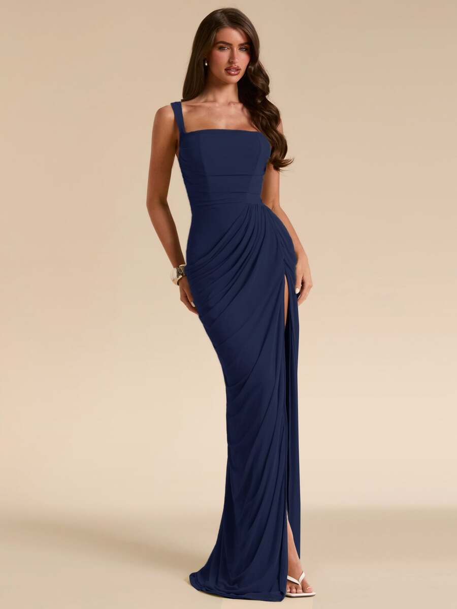 SHEIN BAE Spring/Summer Solid Sage Green Women's Strapless Ruched Fitted High Slit Ruched Maxi Mesh Dress, Tight Elegant Dress, Flowy Dress, Suitable For Vacation, Beach, Bridesmaid, Wedding, Spring/Summer Wear - Navy Blue - View 1
