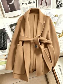 SHEIN Franclia European And American Autumn/Winter Camel Color Women's Overcoat With Large Pockets And Belt Decoration - Camel - View 2